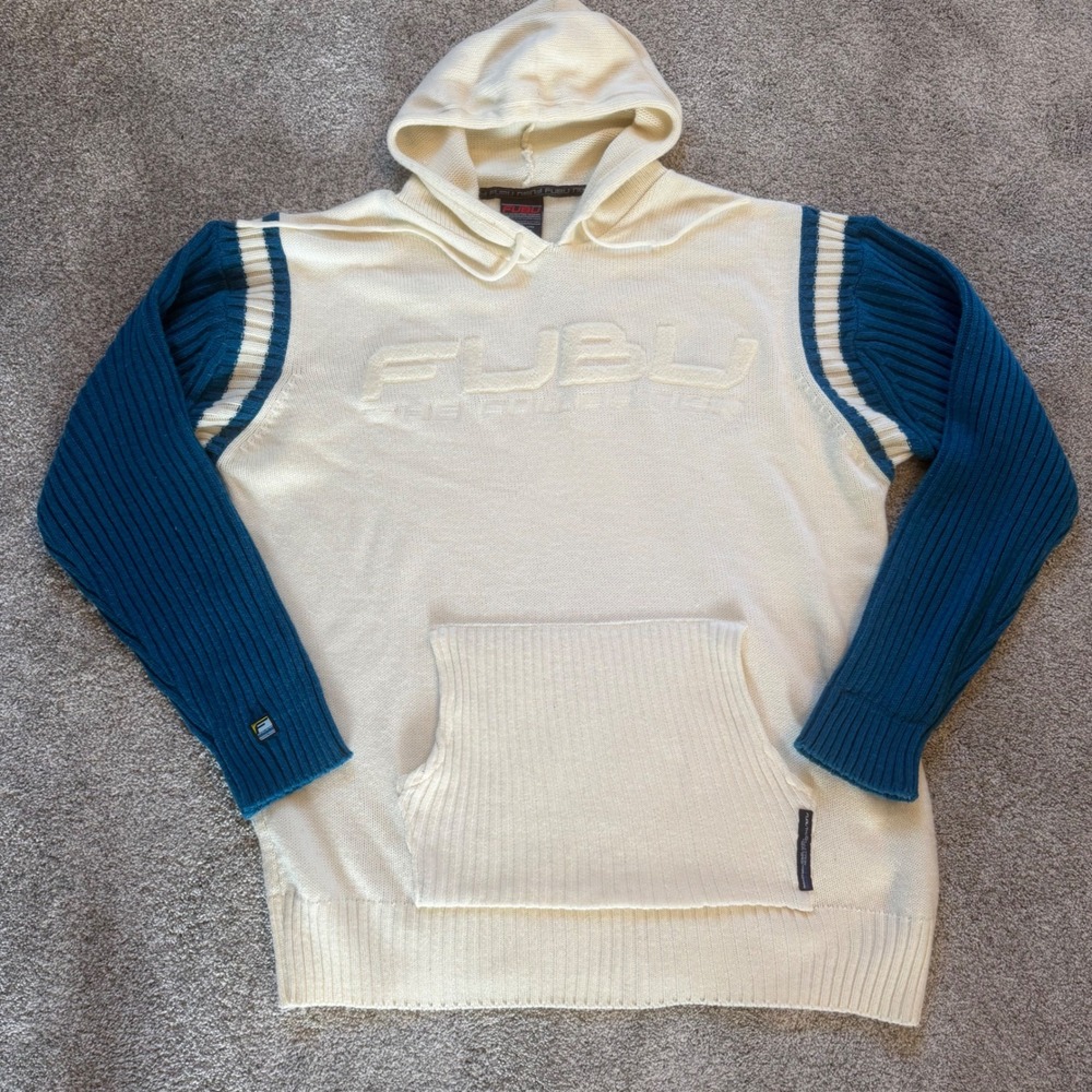 Vintage FUBU The Collection Knit Hoodie Cream Blue Embossed Logo XL 90s Y2K